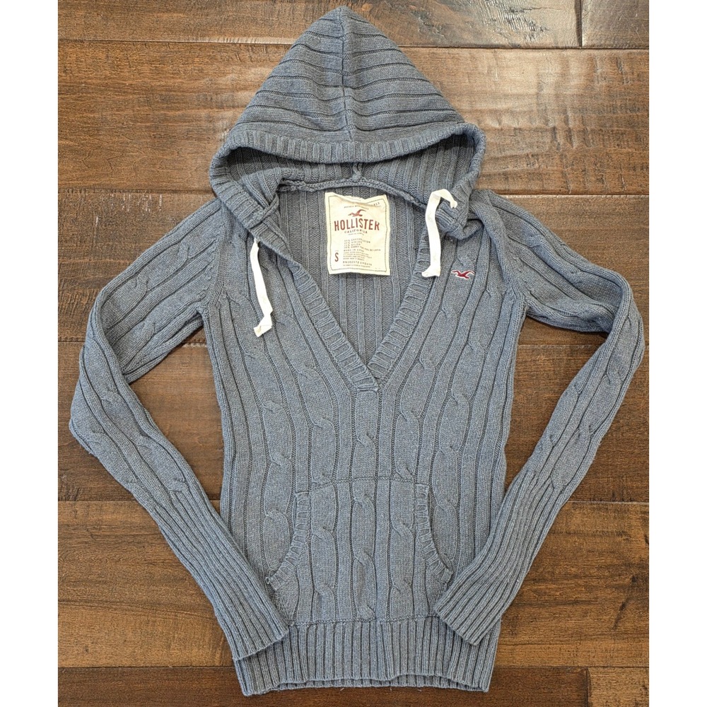 Y2K Belle Swan Hollister Cable Knit Sweater Hoodie Gray V-N Rabbit Hair Blend S